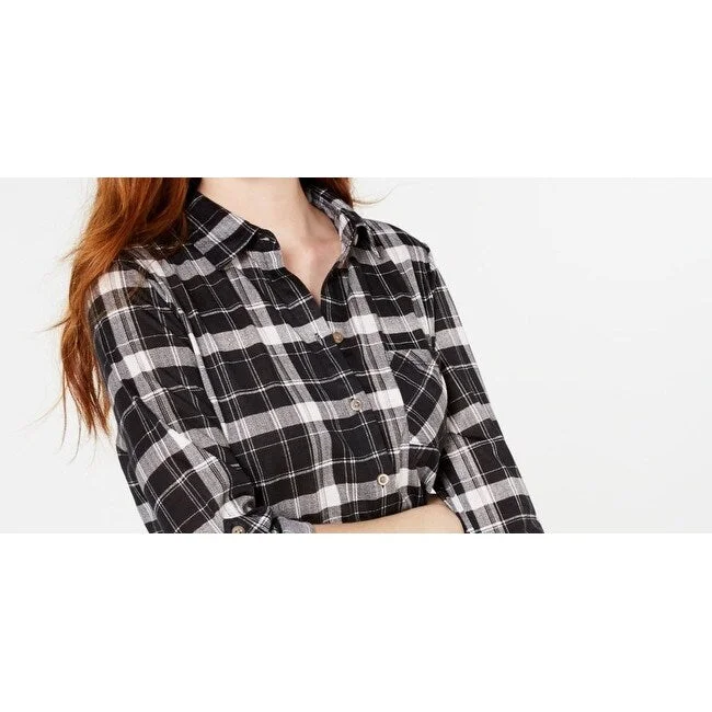 Polly & Esther Junior's Plaid Roll Tab Shirt Black Size X-Small