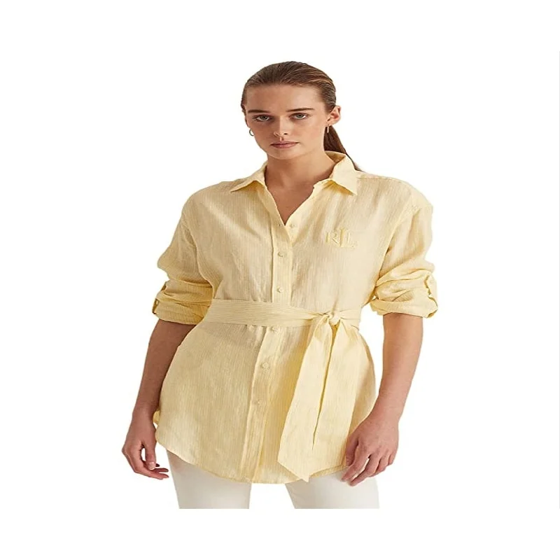 Ralph Lauren Women's Striped Logo Linen Shirt Yellow Size X-Large