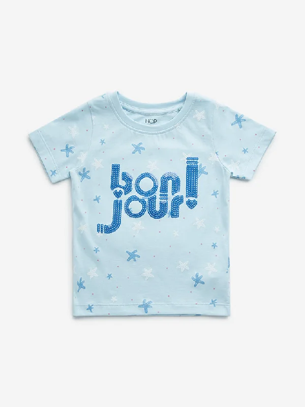 HOP Kids Blue Embellished Text Design Cotton T-Shirt