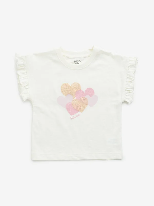 HOP Kids Off-White Heart Embellished Cotton T-Shirt