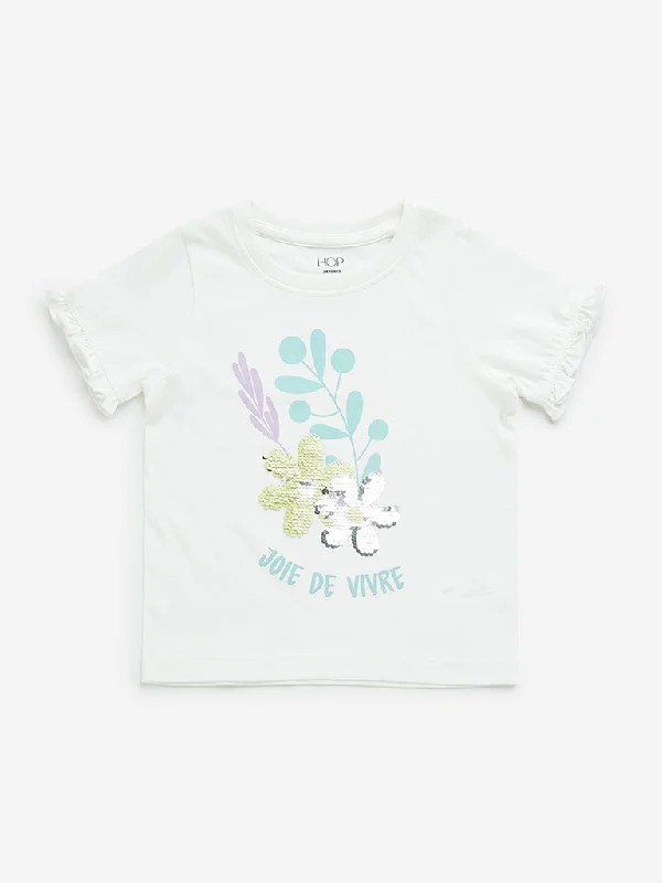 HOP Kids White Floral Embellished Cotton T-Shirt