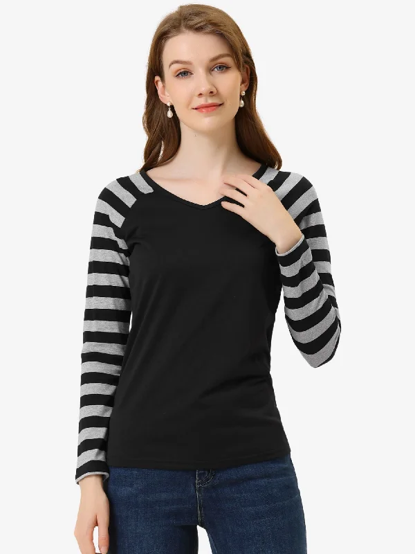 Striped Color Block Long Raglan Sleeve V Neck Baseball T-Shirt