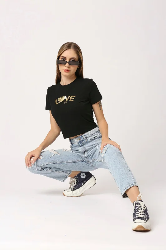 Women Black Round Neck Short Sleeve Fitted Crop Printed T-Shirt