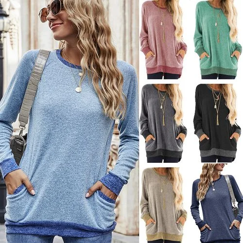 Women Color Contrast Pocket Sweater Long Sleeve Pullover Sweatshirt T-shirt