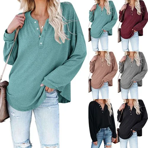 Women Solid Color Half-open Buckle V-neck Long Sleeved T-shirt