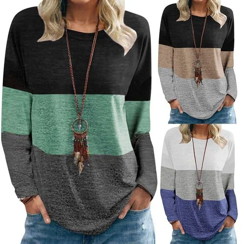 Womens Round Neck Pullover Color Contrast Top T-shirt