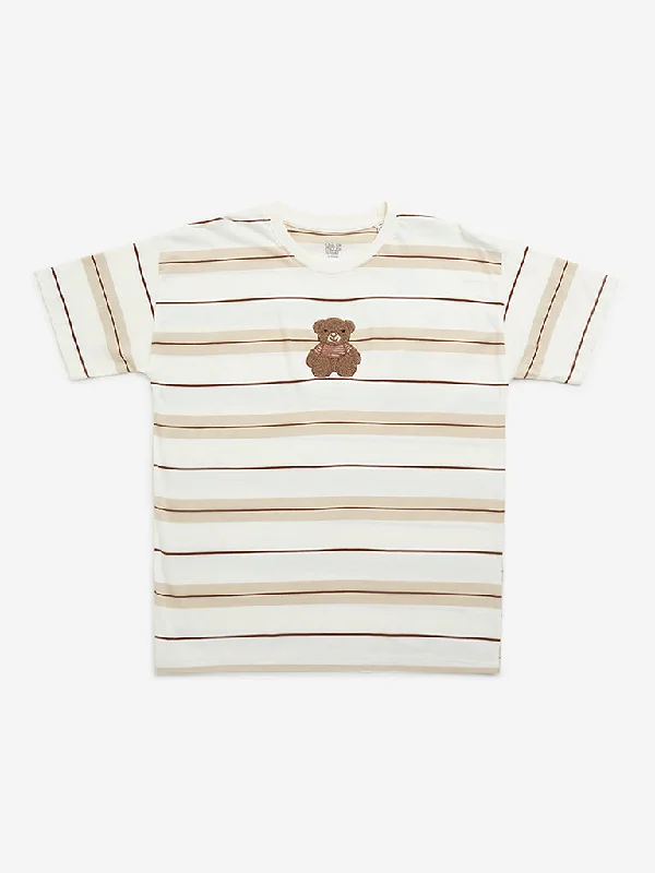 Y&F Kids Brown Striped and Printed Cotton T-Shirt