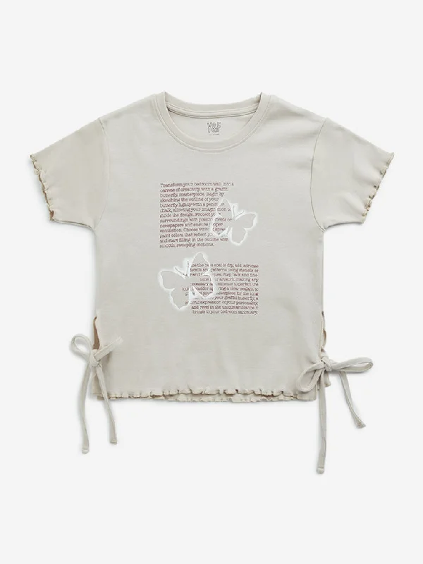 Y&F Kids Light Beige Typographic Print Cotton T-Shirt