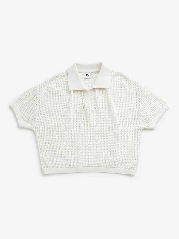 Y&F Kids Off-White Knit-Textured Cotton T-Shirt