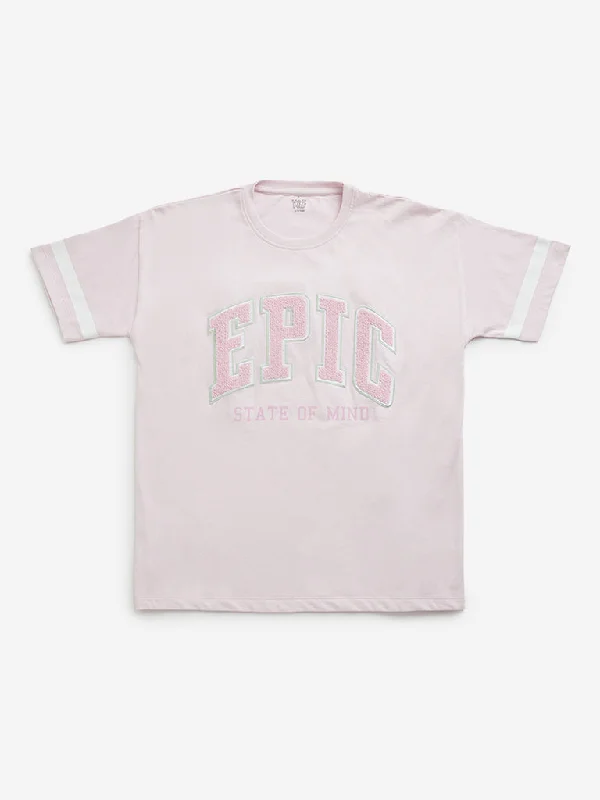 Y&F Kids Pink Text Embroidered T-Shirt