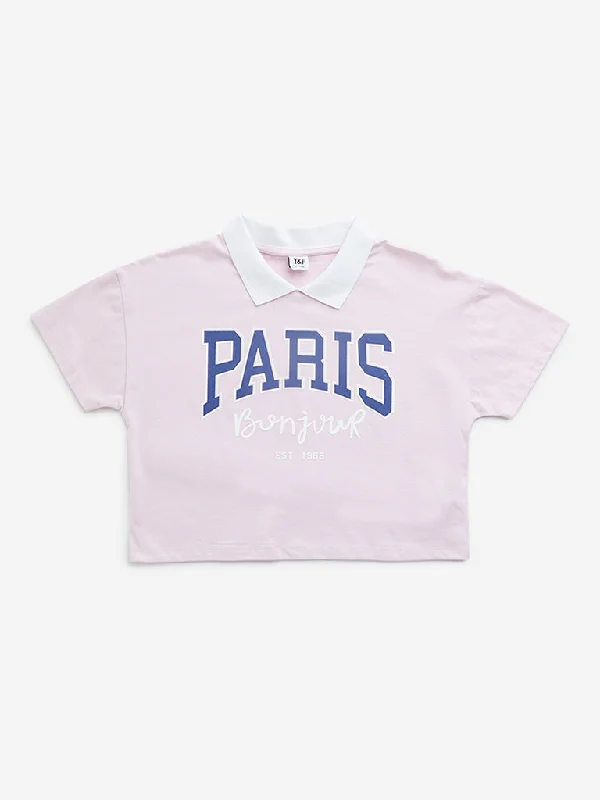 Y&F Kids Pink Text Printed Collared Cotton T-Shirt