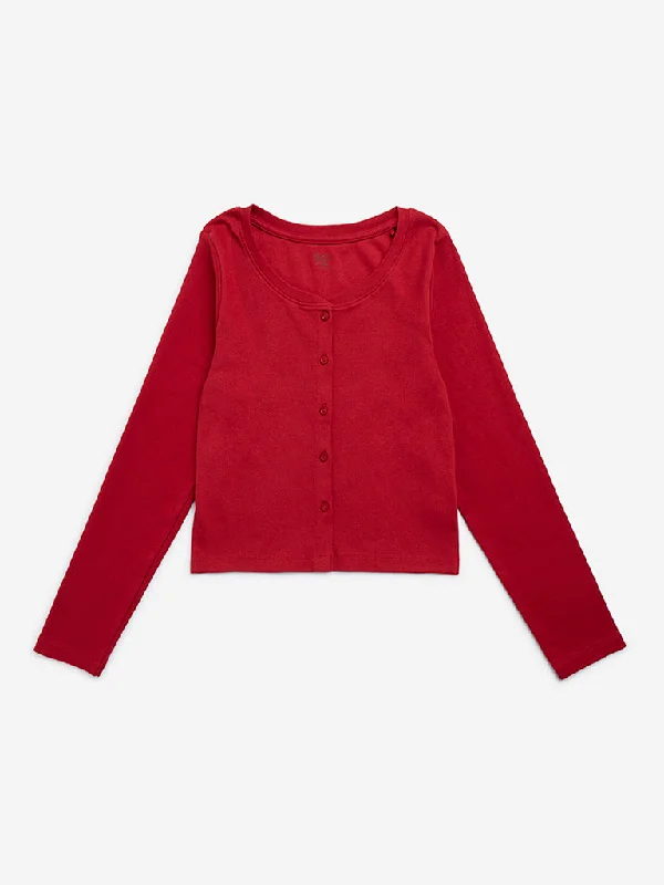 Y&F Kids Red Ribbed Textured Cotton Blend T-Shirt