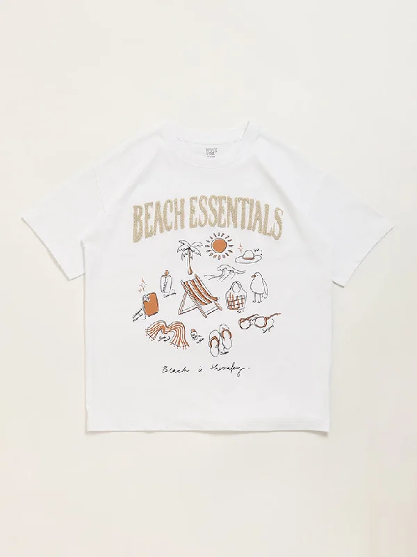 Y&F Kids White Graphic Printed T-Shirt