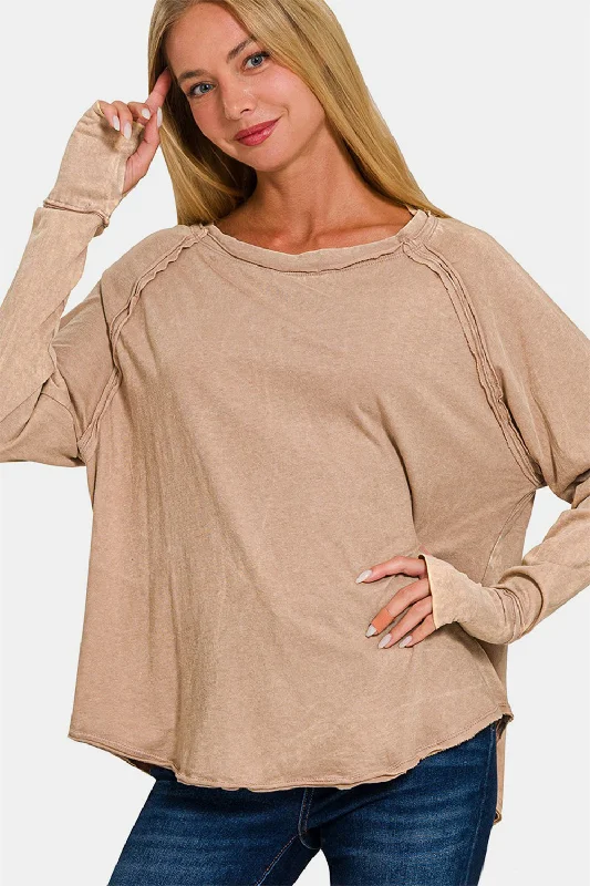 Zenana Round Neck Thumbhole Long Sleeve T-Shirt Ash Mocha