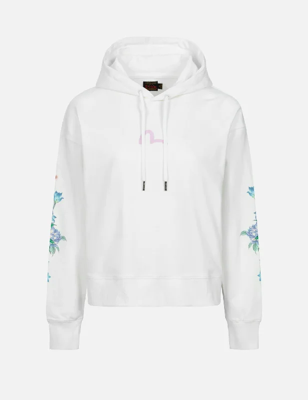 3D Seagull Print and Floral Embroidery Cropped Hoodie