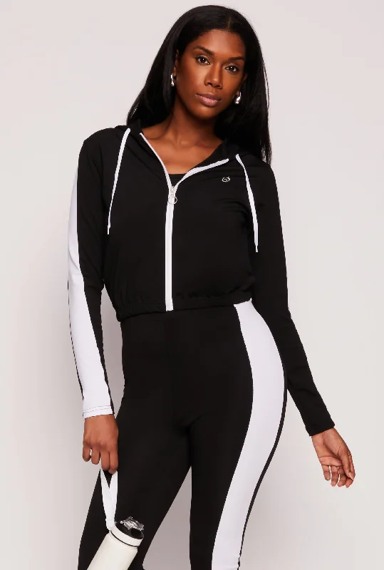 Color Block Zip Front Cropped Hoodie