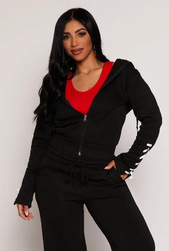 Lace Up Sleeve Zip Front Hoodie