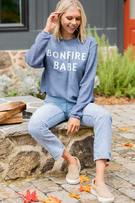 Bonfire Babe Navy Blue Corded Graphic Sweatshirt