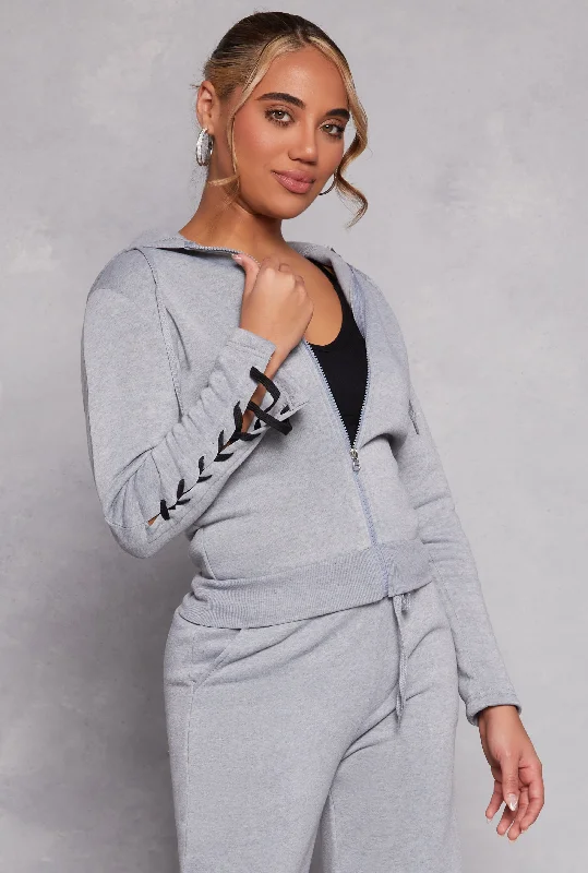 Lace Up Sleeve Zip Front Hoodie