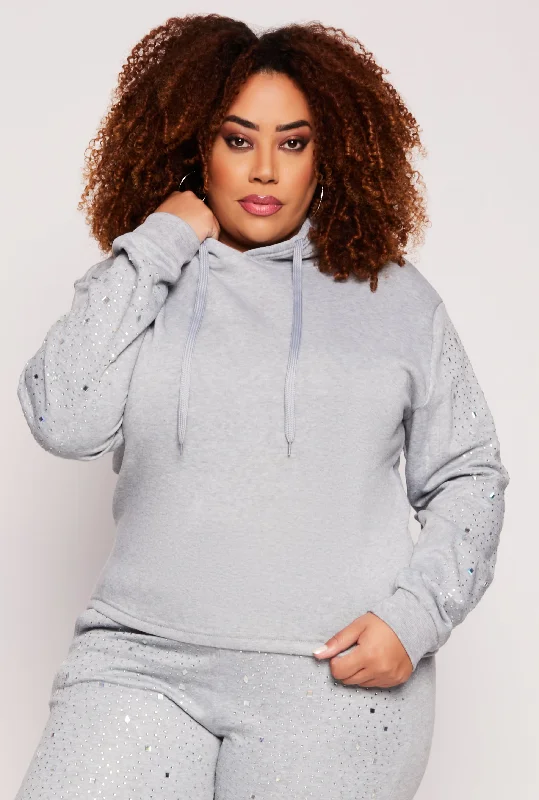 Plus Size Rhinestone Sleeve Hoodie