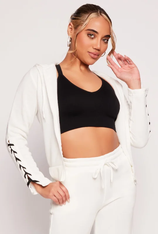 Lace Up Sleeve Zip Front Hoodie