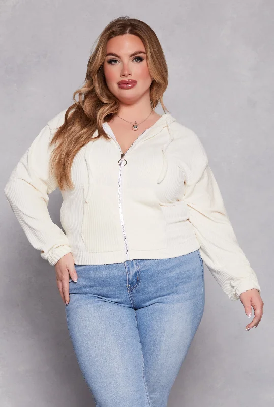 Plus Size Velour Zip Front Hoodie