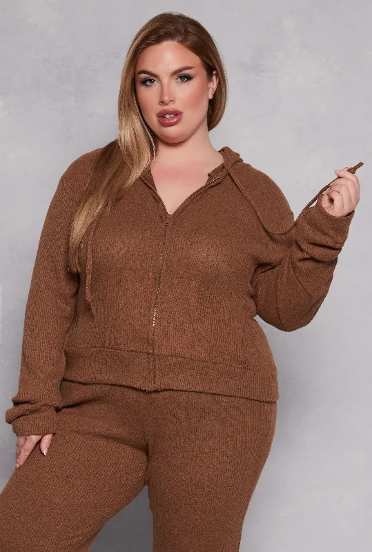 Plus Size Daisy Brushed Knit Zip Front Hoodie