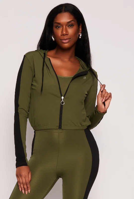 Color Block Zip Front Cropped Hoodie