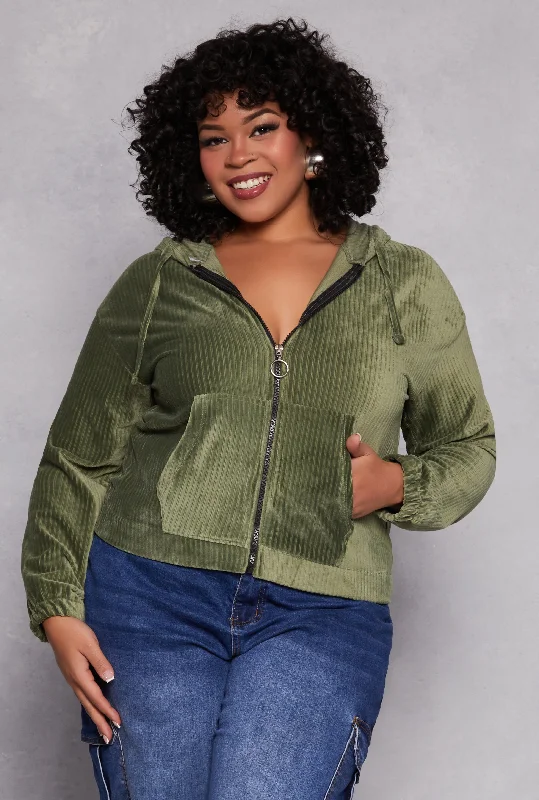 Plus Size Velour Zip Front Hoodie