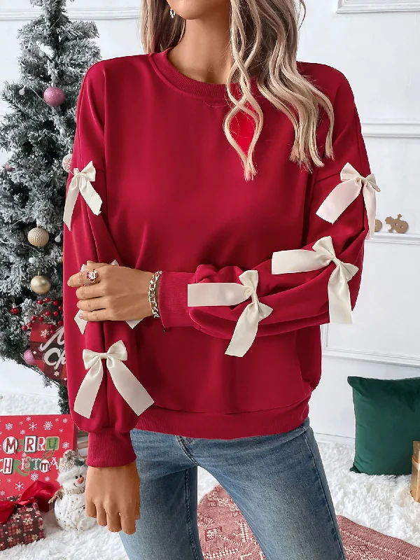 Christmas Bow Decor Colorblock Long Sleeves Sweatshirt