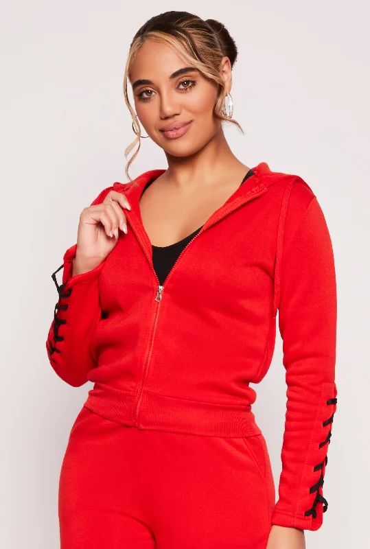 Lace Up Sleeve Zip Front Hoodie