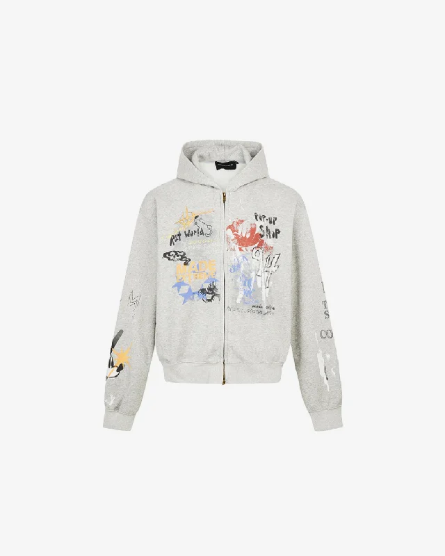 Street Graffiti Print Loose Zip-up Hoodie "Grey"