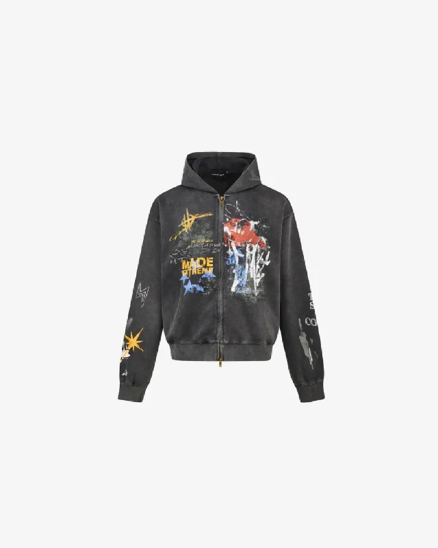 Street Graffiti Print Loose Zip-up Hoodie "Black"