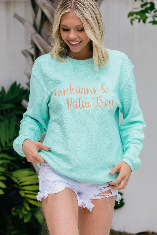 Sunburn & Palm Trees Mint Green Embroidered Corded Sweatshirt