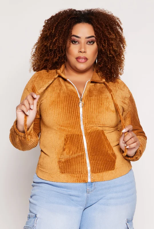 Plus Size Velour Zip Front Hoodie