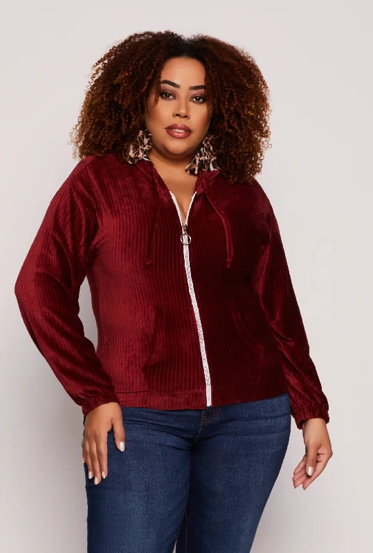 Plus Size Velour Zip Front Hoodie