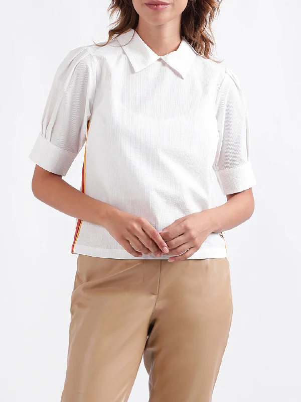 Iconic Women Solid Short Sleeves Collar Top