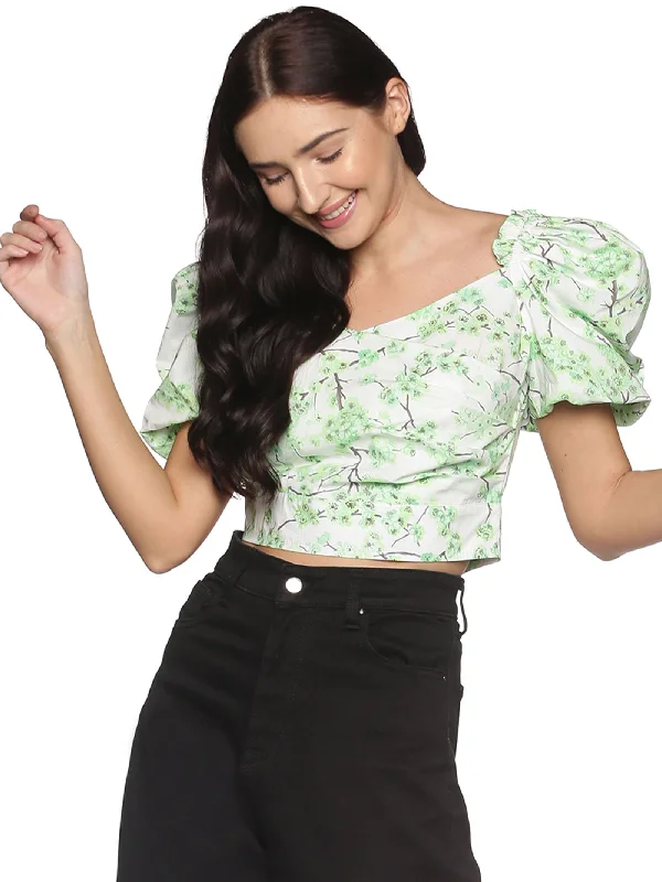 IS.U Green Balloon Short Sleeve Wrap Crop Top