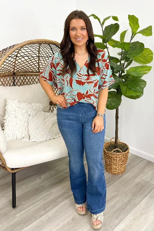 Teal & Rust Printed Short Sleeve Top *Final Sale*