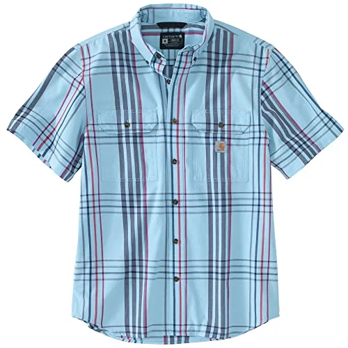 Carhartt 105175 Men's Loose Fit Midweight Short Sleeve Plaid Shirt - Large Tall - Powder Blue