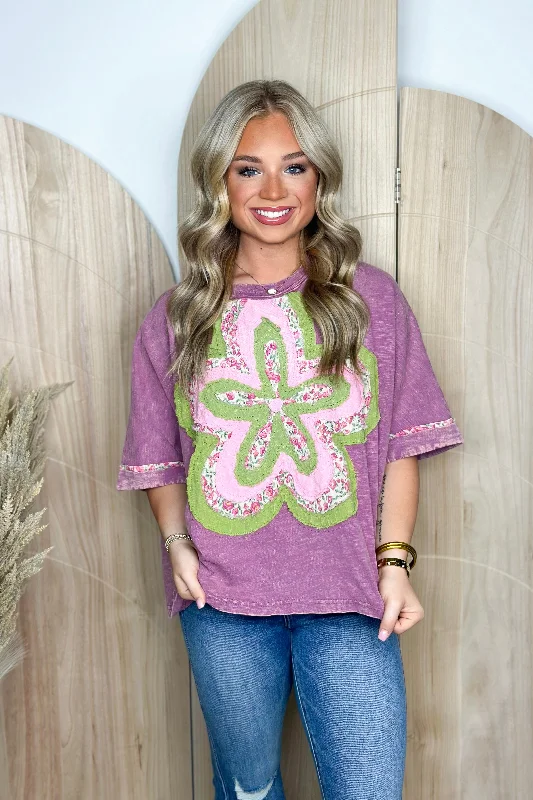 Magenta Short Sleeve Flower Patch Top