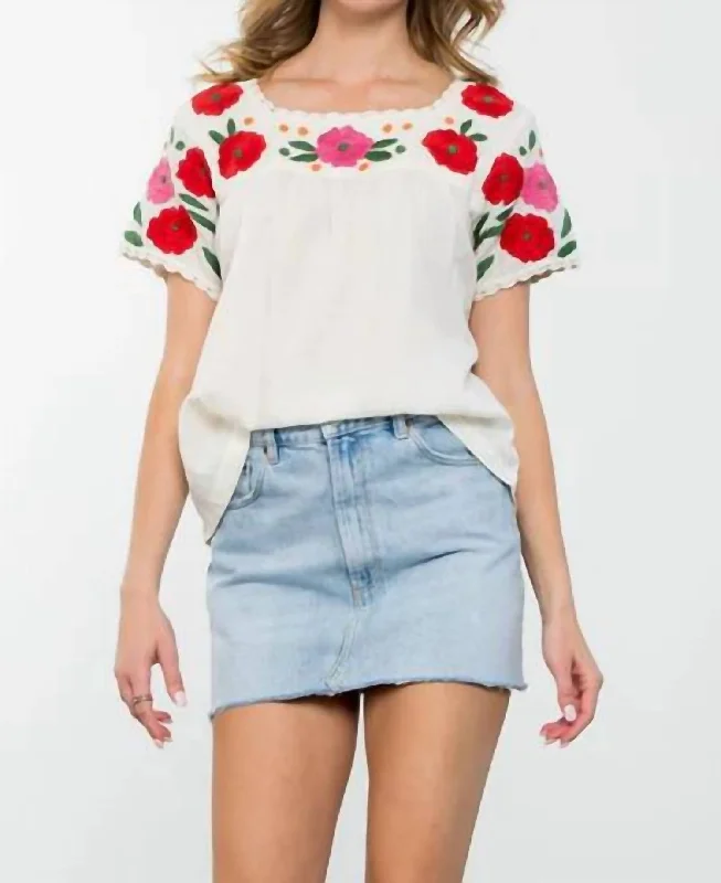 Flower Embroidered Short Sleeve Tee Top In Cream