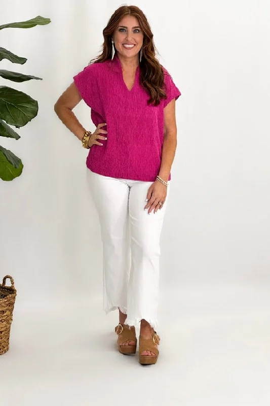 Fuchsia Textured V-Neck Short Sleeve Top *Final Sale*