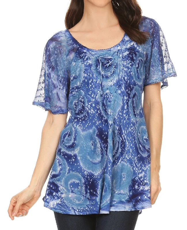 Sakkas Lena Tie-dye Short Sleeve Blouse Top with Crochet Lace and Embroidery