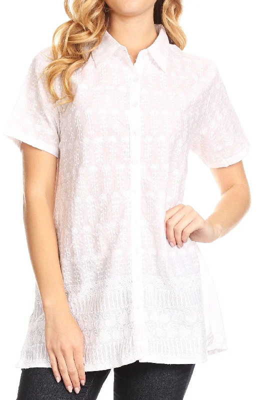 Sakkas Lavina Short Sleeve Floral Embroidered Woven Shirt