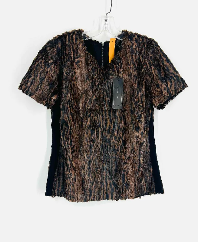 BCBGMaxazria Size L Brown/Black Animal Print Faux Fur NEW Top-Short Sleeve