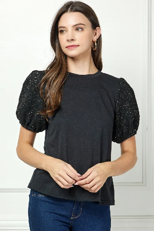 BLACK ROUND NECK SEQUIN PUFF SHORT SLEEVES DETAILED KNIT TOP AVT51169K