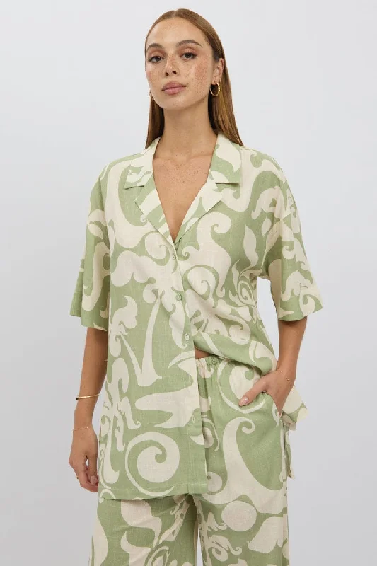 Green Abstract Relaxed Shirt Short Sleeve Linen Blend