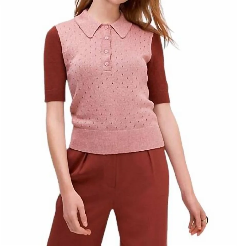 Knit Short Sleeve Textured Top In Rose Gold, Maroon