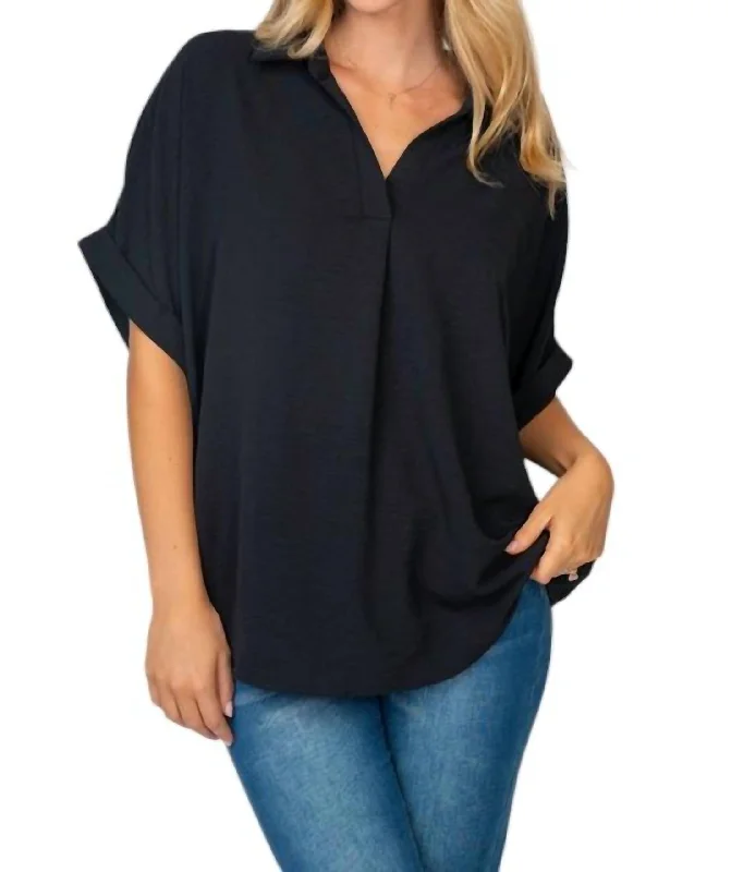 Short Sleeve Solid Woven Top In Black